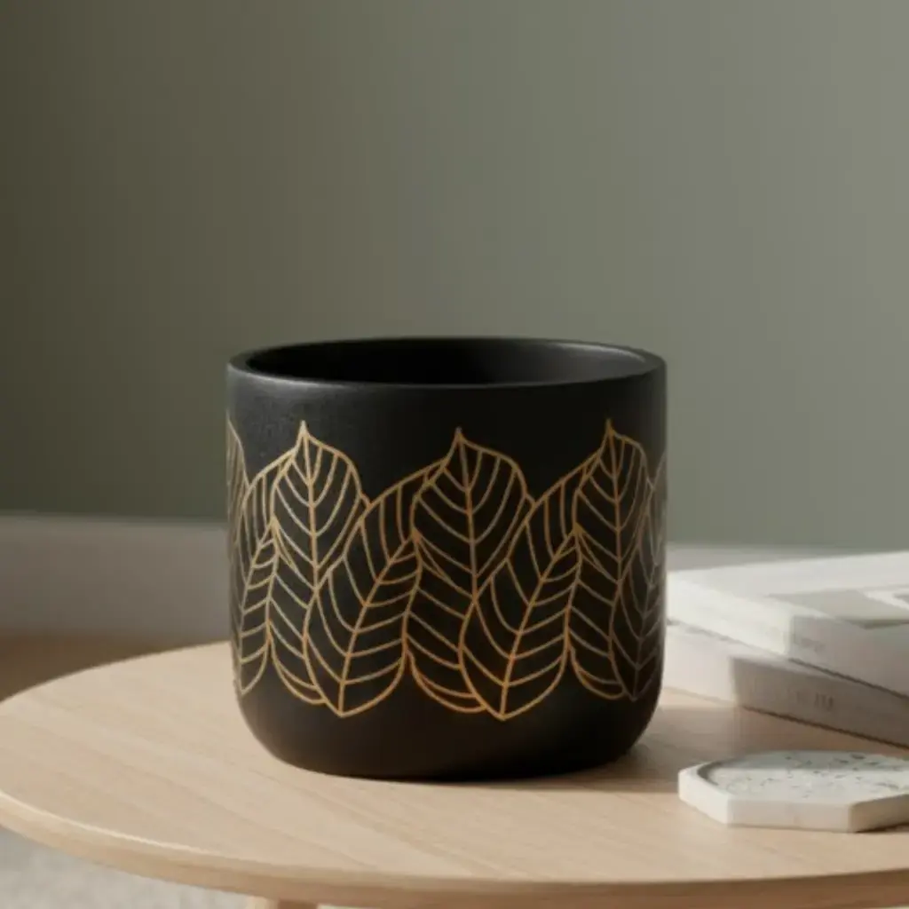 Pot Terracotta Black with Golds Leaf 