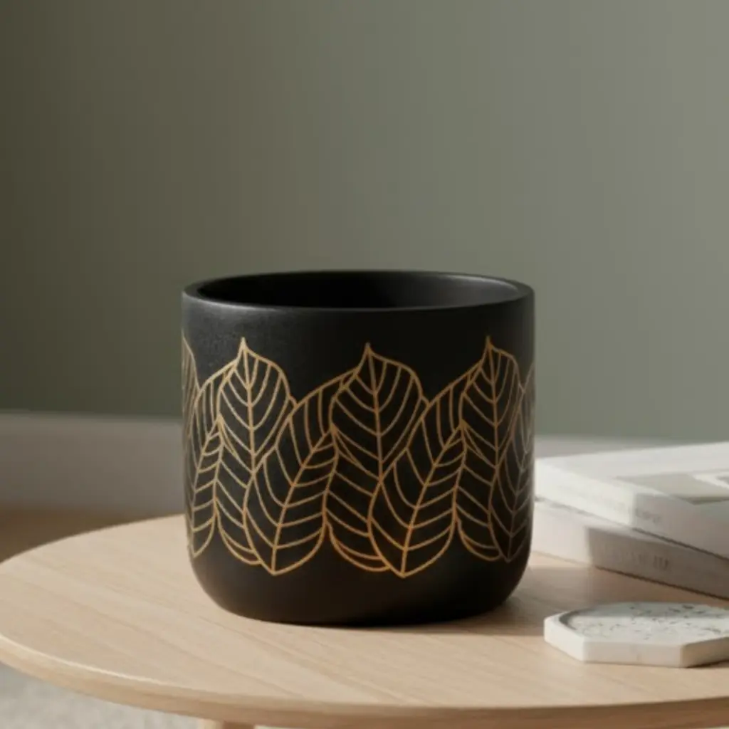 Pot Terracotta Black with Golds Leaf 
