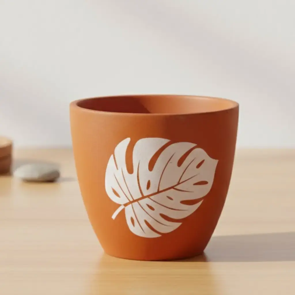 Pot Terracotta with Monstera Leaf Motif