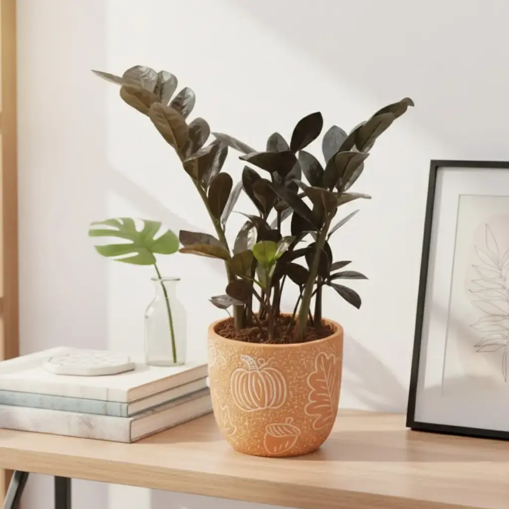 Black zamia 5" with Pot Cer. Leaf A580 Orange